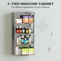 HOMCOM 4 Tier Stainless Steel Wall Mounted Medicine Cabinet Glass Lockable Door Storage Shelves Houseware Bathroom Furniture 60Hx30Wx12D(cm) w/2 Keys(m-7)