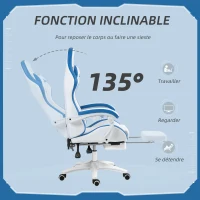 Vinsetto Chaise gaming fauteuil gaming ergonomique avec dossier inclinable à 135° et soutien lombaire, 65 x 65 x 121-129 cm blanc(m-5)