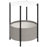 HOMCOM Ronde Bijzettafel met Stoffen Mand, 2-Laags Koffietafel voor Woonkamer, Slaapkamer, Kleine Ruimtes, Metaal, Grijs+Wit(m-1)