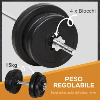 HOMCOM Set Manubri Palestra Regolabili 65kg, Set di Bilanciere con Pesi Regolabili, 14 Dischi e Impugnatura Antiscivolo, Pesi Manubri, per Braccia Allenamento Fitness Casa e Palestra, Nero(m-6)