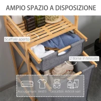 HOMCOM Cesto Portabiancheria con 2 Scomparti e Ruote, Sacchi in Tessuto e Struttura in Bambù, 42x35x84.5cm(m-4)