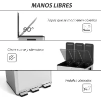 HOMCOM Papelera Cocina de Acero Inoxidable con 3 Compartimentos 3x10L con Pedales Tapas de Cierre Suave y Cubo Extraíble Plata(m-6)