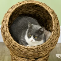 PawHut Kattenslaapplek, kattenbed met kussen, kattengrot, bananenblad, bruin(m-8)