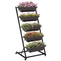 Outsunny 5-laags plantenrek, 145 cm hoog bloementoren met wieltjes en potten, stalen plantenplanken Bruin(m-11)