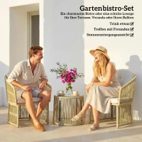 Outsunny Rattan-bistroset, 3-delige tuinmeubelset met ronde glazen tafel, stoelen en kussens, crème(m-4)