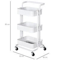 HOMCOM Carrito Auxiliar de 3 Niveles con Ruedas y 3 Baldas Malla Metálica para Cocina Oficina Baño Carro Multiuso de Almacenamiento con Pasamanos Carga de 45kg Blanco 43x36x83cm(m-3)
