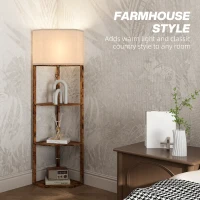 HOMCOM Corner Floor Lamp with Shelves, Tall Standing Lamps for Living Room, with Pull Chain Switch Bulb not Included, Rustic Brown(m-5)