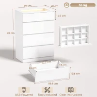 HOMCOM High Gloss 4 Drawer Chest of Drawers with Glass Top and RGB LED Lights, Dresser with Jewelry Organizer, APP Control(m-3)