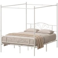 HOMCOM Canopy Bed Frame King Size, Metal Platform Bed Frame with Headboard and Footboard, Underbed Storage, White(m-15)