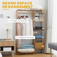 HOMCOM Portant à vêtements en bambou avec étagère de rangement à 6 niveaux et tringle de suspension, 90x30x145cm, bois naturel(m-4)