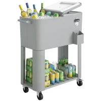 Outsunny Frigider de Grădină de 76L, Cărucior Portabil cu Raft, Deschizător de Sticle, Roți Blocabile, Recipient pentru Capace, Portabil pentru Băuturi, Bar, Grădină, Petreceri, Argintiu(m-11)