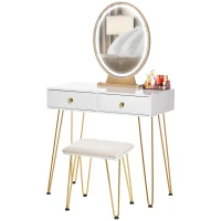 HOMCOM Dressing Table with LED Mirror and Cushioned Stool, Vanity Desk with Acrylic Lipstick Holder and 2 Drawers, Makeup Table for Bedroom, White(m-16)