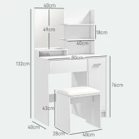 HOMCOM Dressing Table and Stool Set, with Storage - White(m-3)