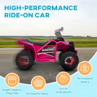 HOMCOM 6V Quad Bike with Wear-Resistant Wheels, Forward Backward Function, for Ages 18-36 Months, Pink(m-5)