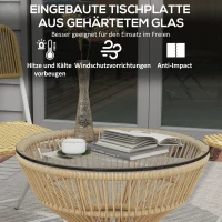 Outsunny Buitentafel Bijzettafel Tuinmeubel Rattan Bijzettafel, Glazen Blad, PE-Rattan, 60 cm x 60 cm x 50 cm, Natuurlijk(m-5)