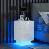 HOMCOM Noptieră Modernă cu Lumină LED Reglabilă, Telecomandă și 3 Sertare, 40x35x60 cm, Alb Lucios(m-2)