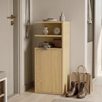 HOMCOM Slim Bedside Table Set of 2, Narrow Bedside Cabinet with Open Cubbies and Cupboard for Bedroom Living Room, Oak(m-8)