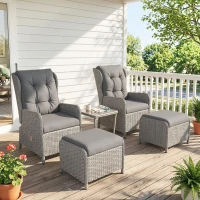 Outsunny 5 Pieces Rattan Bistro Set with Adjustable Back, Reclining Wicker Balcony Furniture with Cushions, Glass Top Coffee Table and Footstools, Outdoor Table and Chairs, Light Grey(m-10)