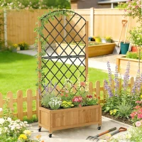 Outsunny Verhoogde plantenbak met metalen gaas, houten plantenbak op wielen, outdoor plantenbak, bruin(m-2)