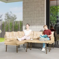 Outsunny Mobilier de grădină din ratan cu 2 canapele, fotoliu colțar cu perne și măsuță din sticlă, culoare lemn(m-10)