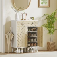 HOMCOM Zapatero Entrada Recibidor con 2 Puertas Estantes Ajustables Cajón para 12 Pares de Zapatos 75x35x97 cm Blanco y Natural(m-10)