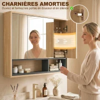 HOMCOM Meuble salle de bain avec miroir, armoire toilettes murale avec placards à 3 portes et 8 compartiments, chêne(m-7)