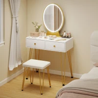 HOMCOM Dressing Table with LED Mirror and Cushioned Stool, Vanity Desk with Acrylic Lipstick Holder and 2 Drawers, Makeup Table for Bedroom, White(m-2)