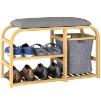 HOMCOM Banc à chaussures avec coussin d'assise, 2 étagères à lattes et panier en tissu coulissant, 70x30x45cm, bois naturel(m-11)