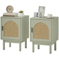 HOMCOM Set of 2 Rattan Bedside Tables, Boho Nightstands with Solid Wood Legs and Storage Cabinet for Living Room, Bedroom, Accent End Side Table, Light Green(m-11)