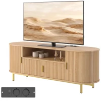 HOMCOM Comodă TV 140 cm cu 2 prize și 2 porturi, Comodă pentru 213,4 cm, 2 uși batante, 2 uși glisante, stejar(m-9)
