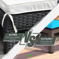 Outsunny Bain de soleil transat 2 places - grand confort - dossier inclinable multi-positions - matelas fournis crème - résine tressée 4 fils noir(m-8)
