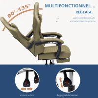 Chaise gaming ergonomique, réglable style racing, assise 100% en mousse à mémoire de forme, coussins appui-tête et lombaires, 60x60x122 cm, Vert(m-1)