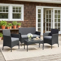 Outsunny 4 Piece Rattan Garden Furniture Sofa Set with Loveseat, Armchairs, Glass-Top Coffee Table and Cushions, Black(m-2)