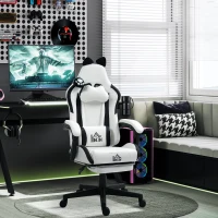 HOMCOM Chaise gaming ergonomique avec Oreilles de Chat, fauteuil gamer avec dossier inclinable, 65 x 62 x 124 cm, blanc(m-2)