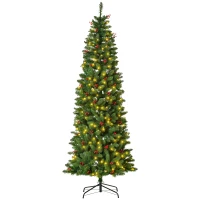 HOMCOM 7FT Prelit Artificial Pencil Christmas Tree with Warm White LED Light, Red Berry, Holiday Home Xmas Decoration, Green(m-1)