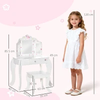 HOMCOM Toeletta per Bambini con Sgabello, Tavolo Trucco con Triplo Specchio e Cassetto, 63x40x85.5cm, Bianco(m-3)