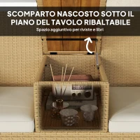 Outsunny Panca da Giardino con Tavolino a Ribalta Portaoggetti, in Rattan e Acciaio, 134x58x82 cm, Crema e Cachi(m-4)