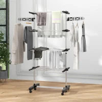 HOMCOM Four-Shelf Collapsing Clothes Horse, With Side Arms and Wheels - Black(m-10)