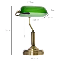 HOMCOM Lámpara de Mesa Tipo Banquero con Interruptor de Cuerda y Pantalla de Cristal Bombilla Requerida E27 de Máx. 40W Metal para Dormitorio Sala de Estar 27,5x17,5x39 cm Verde(m-3)