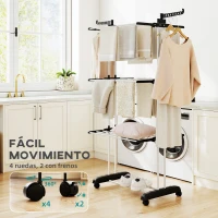 HOMCOM Tendedero de Ropa Plegable con Ruedas 3 Niveles con Alas Plegables y Colgadores 125x64x172 cm Negro y Blanco(m-7)