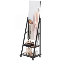 HOMCOM Free Standing Dressing Mirror, Rolling Full Length Mirror on Wheels with Adjustable Angle, Storage Shelves for Bedroom(m-10)
