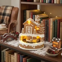 HOMCOM Christmas Gingerbread House, Lighted Musical Snow Village with Rotating Train, LEDs, Tunes, Battery Operated(m-2)