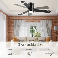 HOMCOM Ventilador de Techo Motor AC 48W con Luz LED Mando a Distancia 3 Velocidades y 3 Aspas de Madera Ø112x25 cm Negro(m-4)