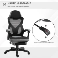 Vinsetto Chaise de bureau fauteuil gaming hauteur réglable dossier roulettes pivotantes repose-pied tissu en maille 58L x 63l x 112-122H cm gris noir(m-4)