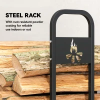 Outsunny 6.5 FT Steel Firewood Log Rack with 300 kg Capacity, Heavy Duty Indoor Outdoor Fireplace Wood Storage Shelf, Log Holder/Stand with Extra Support Legs, Decorative Bonfire Pattern, Black(m-5)