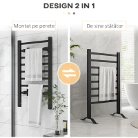 HOMCOM Suport prosop electric de podea sau montare pe perete, 150W, cu 8 bare și timer de 2 sau 4 ore, 53x35x90 cm, negru(m-4)