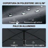 Outsunny Ombrellone da Giardino Rettangolare 2x1.3 m con Inclinazione Regolabile e Palo in Alluminio, Grigio e Nero(m-4)