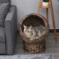 PawHut Waterhyacint kattenmand met kussen, kattenbed, huisdierbed, 50 cm x 42 cm x 60 cm, bruin+beige(m-2)