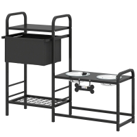 PawHut Comedero Perro Elevado con Cajón de Tela 2 Cuencos de Acero Inoxidable 2x800 ml Altura Ajustable 2 Estantes Negro