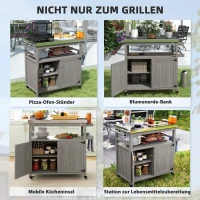 Outsunny Buitenkeukeneiland, Grillwagen met Kast en Rekken, Houten en Roestvrij Stalen Keukenwagen met Wielen, Grijs(m-7)